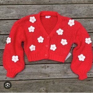 LUNA IVY Cable Knit Flower Lantern Red Sweater Cardigan‎ Size M NEW WITH TAG